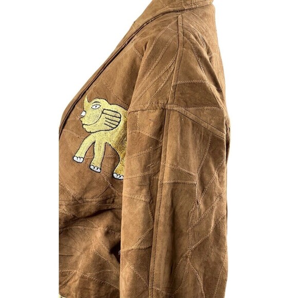 The African Star Long Suede Leather Coat Belted Embroidered Elephants XL Vintage - Picture 9 of 16